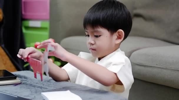 Aasialainen Poika Opiskelee Verkossa Kannettavalla Tietokoneella Oppii Paperista Animalsasian Poika — kuvapankkivideo