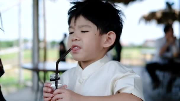 Asiatisk Pojke Dricker Apelsinjuice Från Flaska — Stockvideo