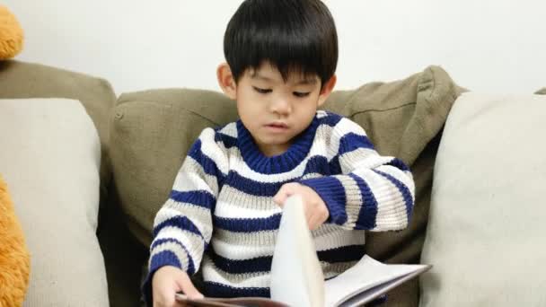 Azji Chłopiec Czyta Książkę Kanapie Uczenia Się Poza Klasą — Wideo stockowe