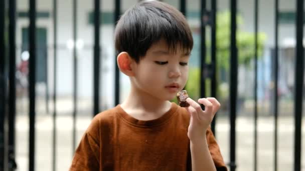 Szczęśliwa Twarz Azjatyckiego Chłopca Jedząc Czekoladowe Cukierki — Wideo stockowe