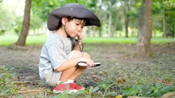 身穿森林探险服头戴帽子的亚洲男孩用放大镜测量森林面积 — 图库视频影像