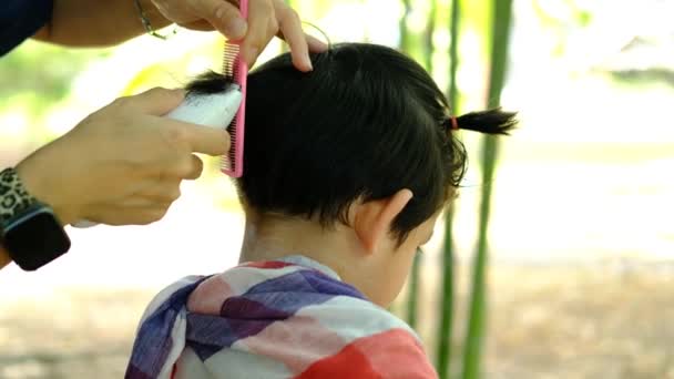 Barbeiro Cortando Cabelo Menino Asiático Espaço Aberto Cheio Árvores — Vídeo de Stock