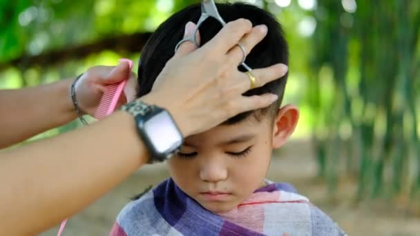 Fryzjer Obcinający Włosy Azjatyckiemu Chłopcu Otwartej Przestrzeni Wypełnionej Drzewami — Wideo stockowe