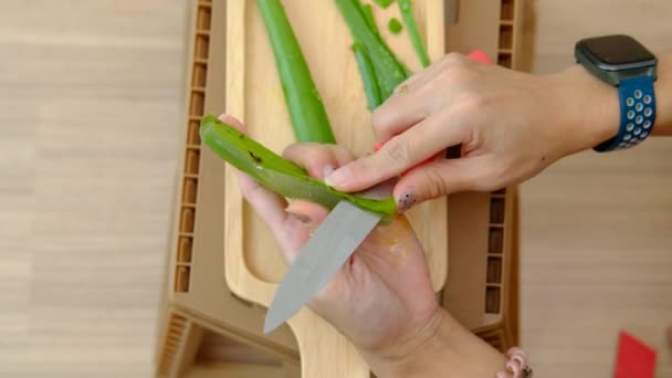 Kobieca Ręka Używa Noża Obierania Aloesu — Wideo stockowe