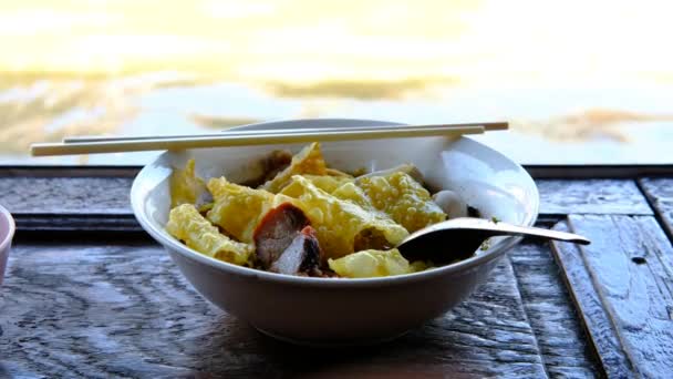 Pork Meatball Noodles Garnish Fried Dumplings Thai Food Next Waterfront — Stock Video
