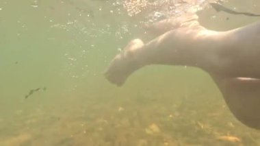 Suyun altında yürüyen bir çocuğun bacakları kuma ve suyun altındaki kayalara çarptı ve ışık aşağıya doğru parladı..