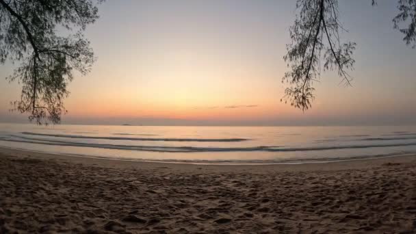 晨曦在沙滩边 黄昏的灯光映衬下 — 图库视频影像