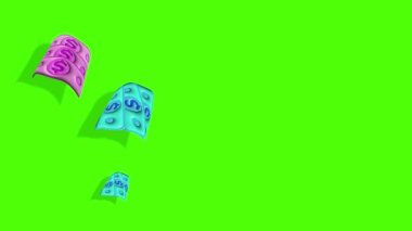 Banknotlar havada süzülür ve rüzgarda döner. yeşil ekran arkaplanı