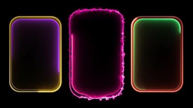 Neon oyun çerçeve efekti parlayan kare şekil döngüsü, siyah arkaplan.