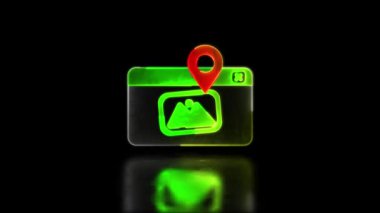 Döngü neon parlaklık efekti Check-in fotoğraf simgesi, siyah arkaplan