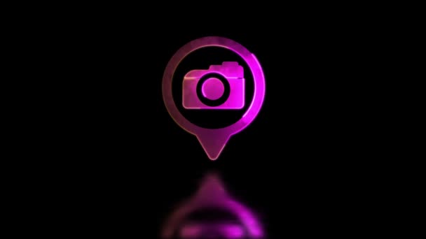 Looping Neon Effekt Check Foto Symbol Schwarzer Hintergrund — Stockvideo
