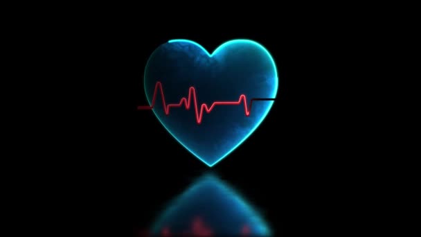 Циклічний Ефект Світяться Неонові Серце Показує Біговий Пульс Чорний Фон — стокове відео