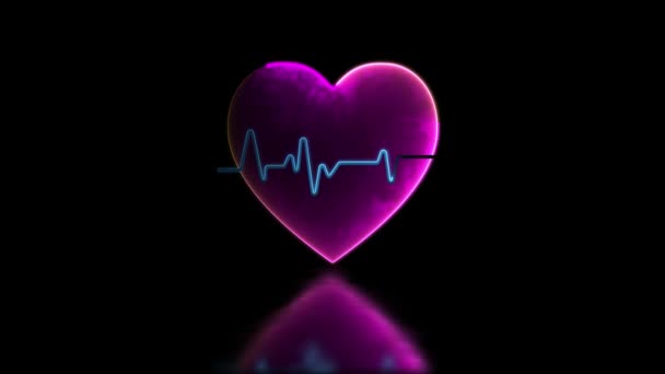 Циклічний Ефект Світяться Неонові Серце Показує Біговий Пульс Чорний Фон — стокове відео