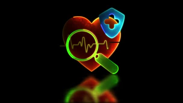 Looping Neón Brillo Efecto Lupa Corazón Icono Protección Del Corazón — Vídeos de Stock
