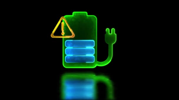 Looping Neon Glöd Effekt Batteri Laddnings Ikon Låg Batterivarning Svart — Stockvideo