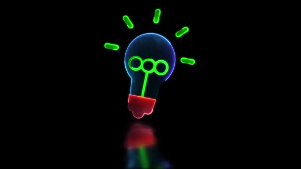 ネオングローエフェクトをループする アイデアを示すライトバルブアイコン 黒い背景 — ストック動画