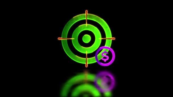 Looping Neon Glow Effect Icono Objetivo Financiero Fondo Negro — Vídeo de stock