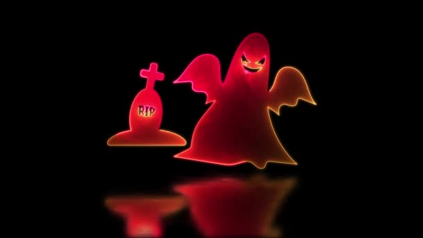 Neon Brilho Efeito Looping Fantasma Ícone Andando Redor Sepultura Halloween — Vídeo de Stock