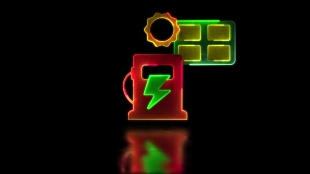 Looping Neon Glöd Effekt Ren Energi Sol Batteriladdare Ikon Svart — Stockvideo