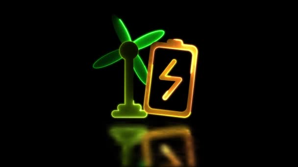 Zářící Efekt Neonového Rámu Nabíjecí Baterie Energetické Turbíny Černé Pozadí — Stock video