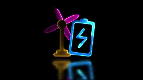 輝くネオン フレーム効果 エネルギー タービン充電電池 黒い背景 — ストック動画