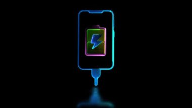 Döngülü neon parlaklık efekti pil şarj aleti ve telefon simgesi, siyah arkaplan