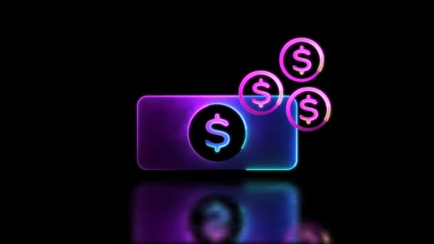 Looping Neon Glow Effect Financial Banknotes Coins Icons Black Background — Stock Video
