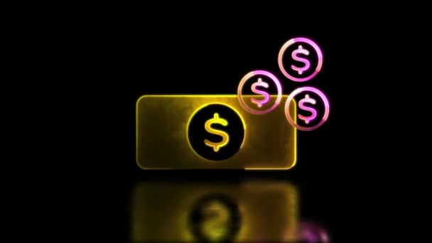 Smyčkový Efekt Neonové Záře Ikony Finančních Bankovek Mincí Černé Pozadí — Stock video