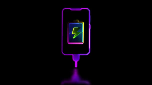 ネオングロー効果のループ バッテリー充電器と電話アイコン 黒い背景 — ストック動画