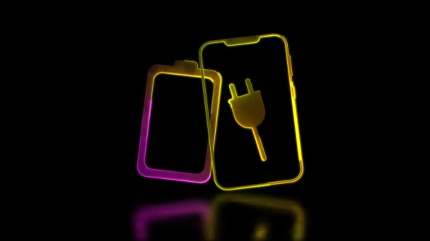 Looping Neon Effekt Batterieladegerät Und Handy Symbol Schwarzer Hintergrund — Stockvideo