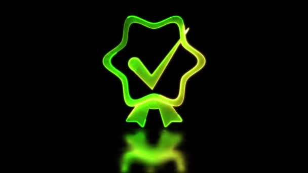 Looping Neon Glow Effect Icono Comprobación Calidad Correcta Fondo Negro — Vídeo de stock