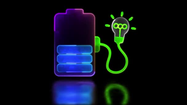 Looping Neon Gloed Effect Idee Lamp Opladen Batterij Icoon Zwarte — Stockvideo
