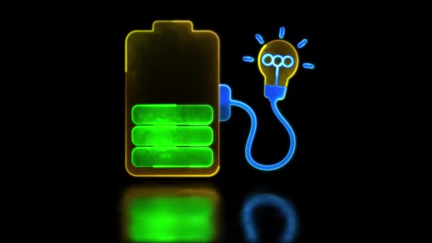 ネオングローエフェクトをループするアイデア電球充電バッテリーアイコン ブラックバック — ストック動画