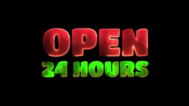 Looping Neon Glow Effect Open Hours Icons Black Background — Stock Video