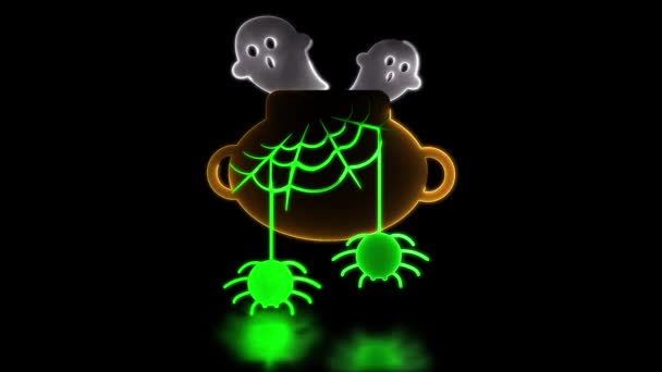 Neon Light Effect Loop Halloween Icon Ghost Leaves Cauldron Black — Vídeo de Stock