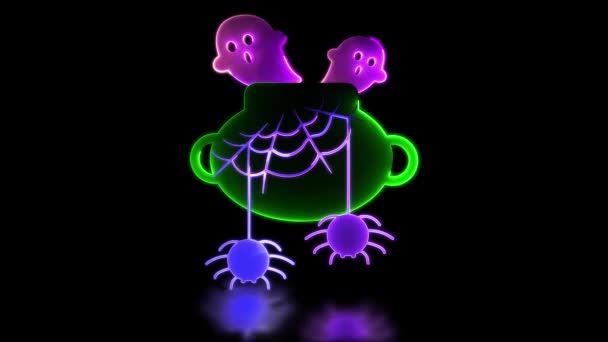 Neon Light Effect Loop Halloween Icon Ghost Leaves Cauldron Black — Vídeo de Stock