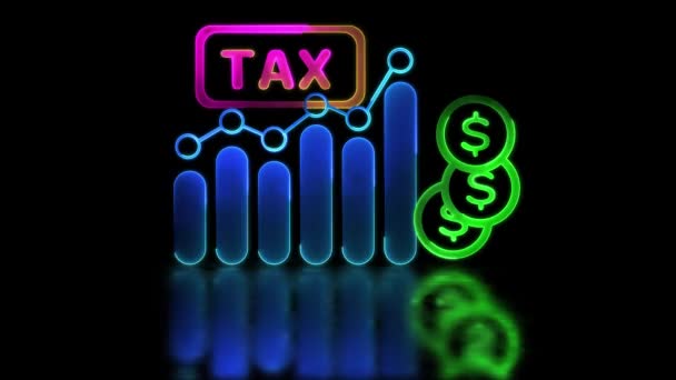循环霓虹灯辉光效应税务和财务图标黑色背景 — 图库视频影像