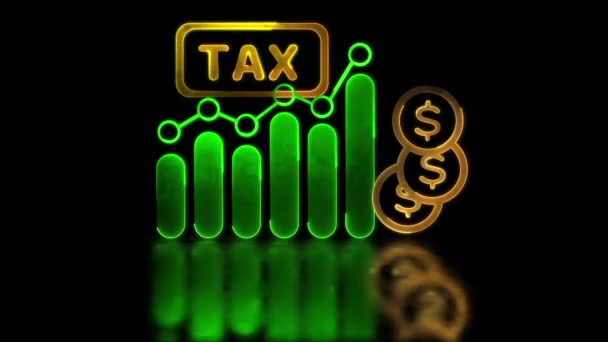 循环霓虹灯辉光效应税务和财务图标黑色背景 — 图库视频影像