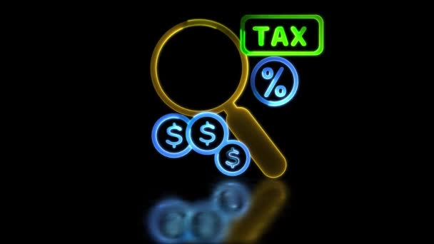 环状霓虹灯发光效果税和财务审计放大镜图标黑色背景 — 图库视频影像