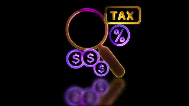 环状霓虹灯发光效果税和财务审计放大镜图标黑色背景 — 图库视频影像