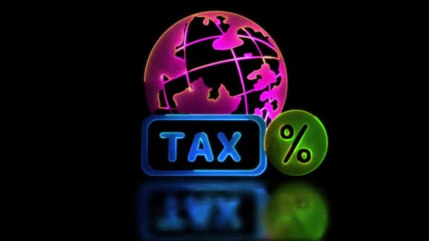环状霓虹灯发光效应在线世界税务图标黑色背景 — 图库视频影像
