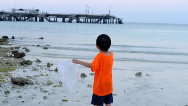 小さなアジアの少年は海のビーチでゴミ拾いを助ける — ストック動画