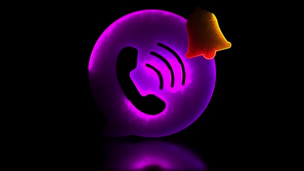 Ikon Telepon Bell Notifikasi Efek Cahaya Neon Latar Belakang Hitam — Stok Video