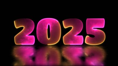 Döngülü neon parlaklık efekti 2025 yeni yıl simgeleri, siyah arkaplan.