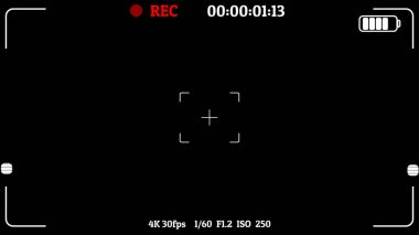 Çerçeve, siyah arkaplan ile bir video kaydetmek gibi düğme bilgilerini gösterir