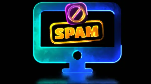 Looping neon glow effect Computer screen icon, beware of spam, scammers, black backgroun