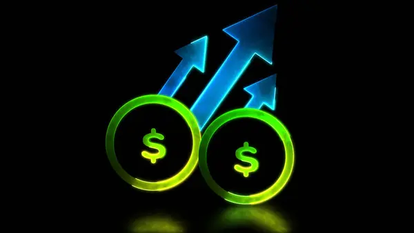 Looping neon glow effect Money icon with financial graph showing up. Black background