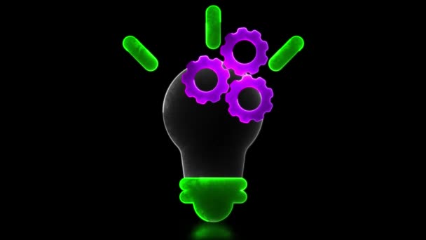 渦巻くネオン ライト効果明るい電球のアイコンは思考プロセスを示し 黒い背景で働きます — ストック動画