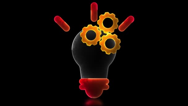 旋转的霓虹灯效果明亮的灯泡图标展示了在黑色背景下的思考过程和工作 — 图库视频影像