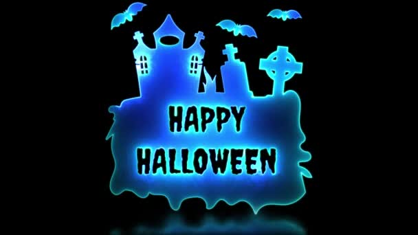 Neon Glöd Effekt Loop Spöke Slott Halloween Svart Bakgrund — Stockvideo